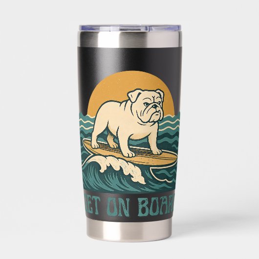 Get On Board Surfer Dog Retro Art -Bulldog Surfing Thermobecher (Vorderseite)