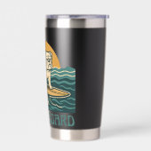 Get On Board Surfer Dog Retro Art -Bulldog Surfing Thermobecher (Links)