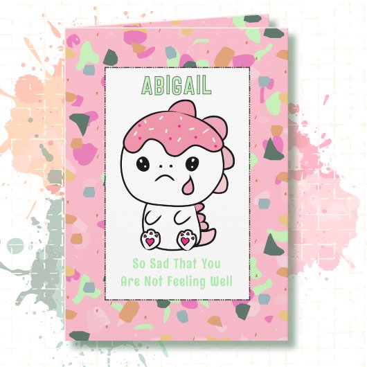 Get Well Little Girl PInk Dinosaur Cartoon Cute  Karte