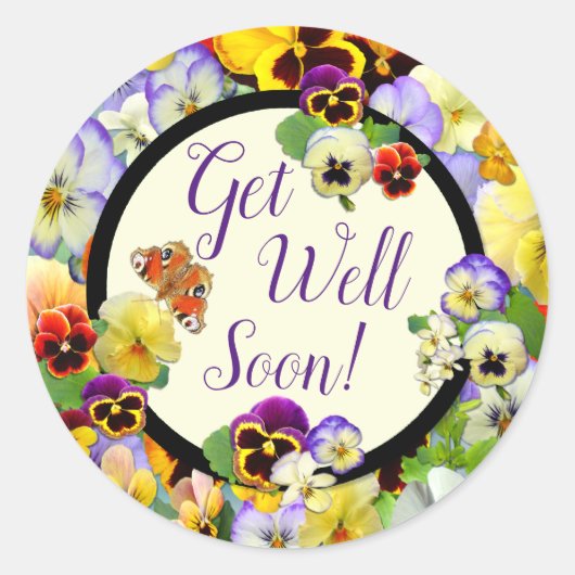 Get Well Pansy Design - Hinzufügen eines Textes Runder Aufkleber (Vorderseite)