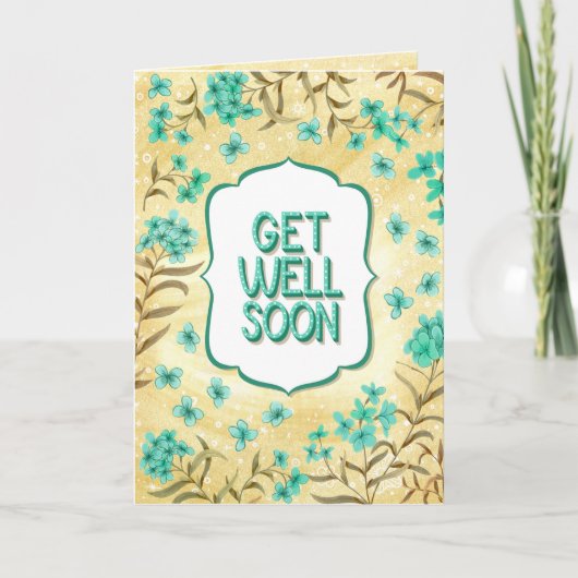 Get Well Soon Floral Yellow Teal Card Karte (Vorderseite)