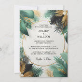 Get Wreath Palm Tree Beach Green And Gold Wedding Einladung (Vorderseite)