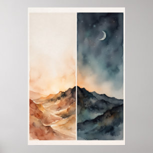 Geteilte Ansicht Wasserfarben Berg und Nachthimmel Poster