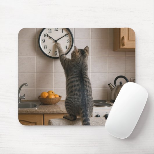 Getigert Katze ändert die Zeit an einer Küchenuhr Mousepad (Mit Mouse)