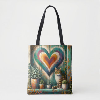 Getigert Katze und Herz Rustikale Farbige Kunstges Tasche