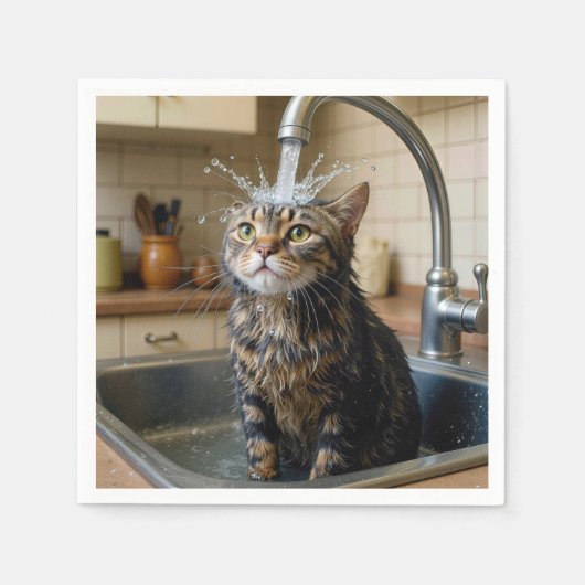 Getigert Katze unter einer Küchenarmatur Serviette (Vorderseite)