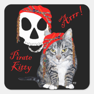 Getigerte Halloween-Piratenkatze Quadratischer Aufkleber