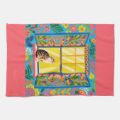 Getigerte Katze am sonnigen Fenster | Bunter Flora Geschirrtuch (Horizontal)