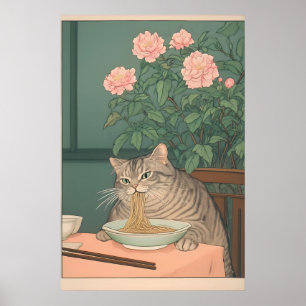 Getigerte Katze, die Nudeln isst Ukiyo-e-Kunstprin Poster