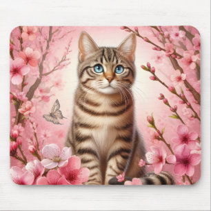 Getigerte Katze Japanische Kirschblüte Blumen Kätz Mousepad