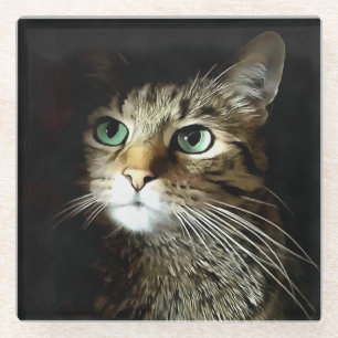 Getigerte Katze mit grünen Augen isoliert auf Schw Glasuntersetzer