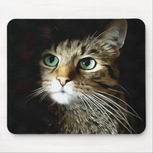 Getigerte Katze mit grünen Augen isoliert auf Schw Mousepad