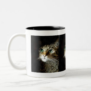 Getigerte Katze mit grünen Augen isoliert auf Schw Zweifarbige Tasse