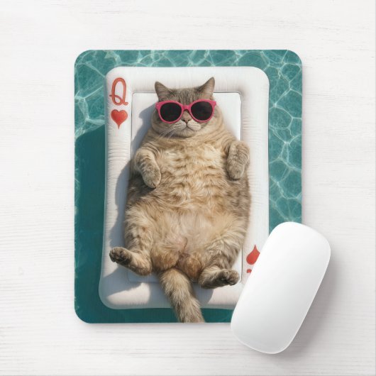 Getigerte Katze schwebt auf Queen of Hearts Pool F Mousepad (Mit Mouse)