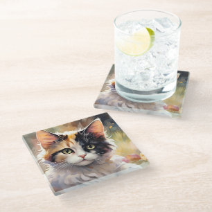 Getigerte Katze und Schmetterlinge im Frühlingsgar Glasuntersetzer