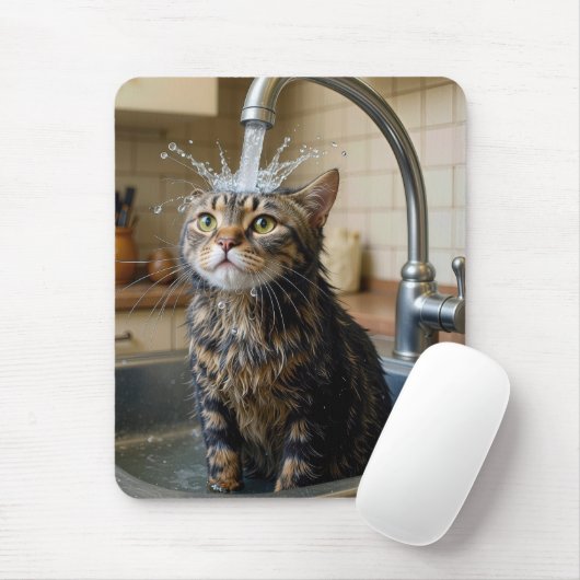 Getigerte Katze unter einer Küchenarmatur Mousepad (Mit Mouse)