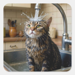 Getigerte Katze unter einer Küchenarmatur Quadratischer Aufkleber