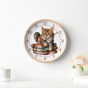 Getigerte Katzenbaby auf alten Büchern Uhr