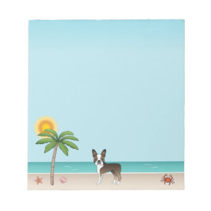 Getigerter Boston Terrier an einem tropischen Somm Notizblock