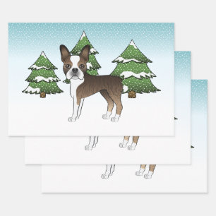 Getigerter Boston Terrier in einem Winterwald Geschenkpapier Set