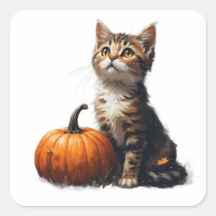 Getigertes Kätzchen im Kürbisfeld Halloween Szene  Quadratischer Aufkleber