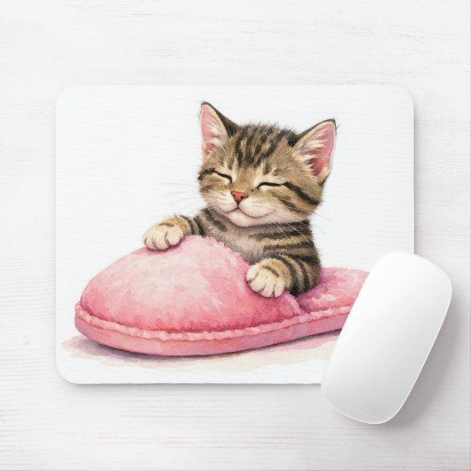 Getigertes Kätzchen schläft in einem rosa Pantoffe Mousepad (Mit Mouse)