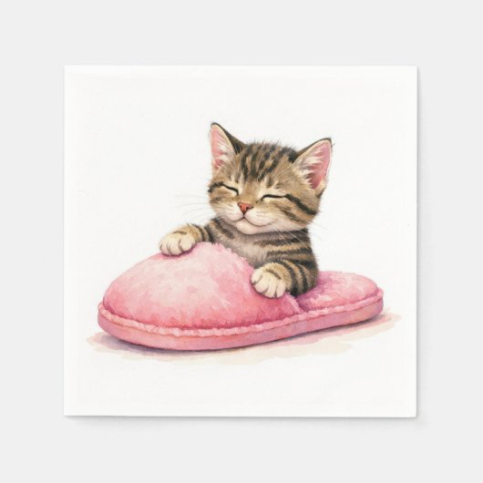 Getigertes Kätzchen schläft in einem rosa Pantoffe Serviette (Vorderseite)
