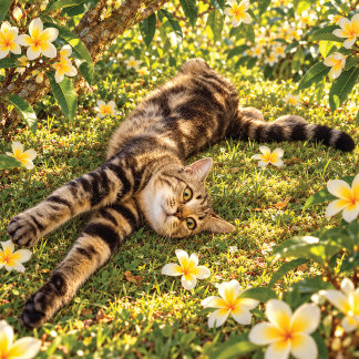 Getigertes Katze entspannt sich zwischen Plumerien Kissen