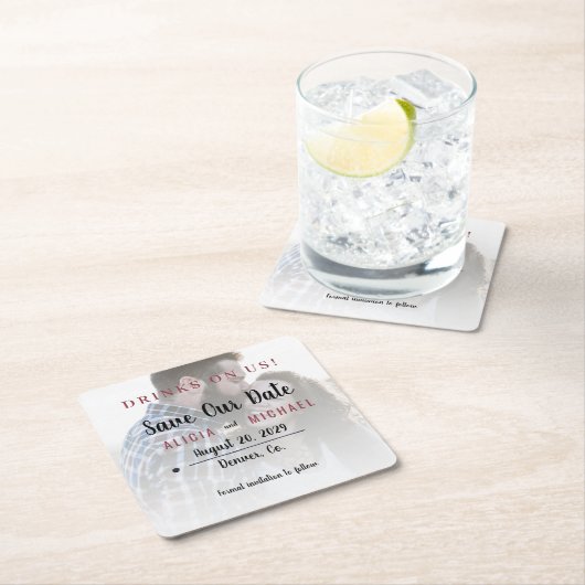 Getränke auf uns einfache Foto Hochzeit speichern  Rechteckiger Pappuntersetzer (Vor Ort)