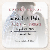 Getränke auf uns einfache Foto Hochzeit speichern Rechteckiger Pappuntersetzer (Vorderseite)