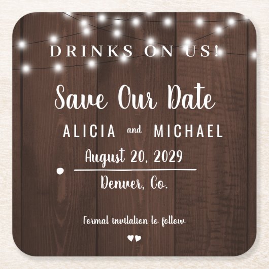 Getränke auf uns einfache rustikale Hochzeit speic Rechteckiger Pappuntersetzer (Vorderseite)