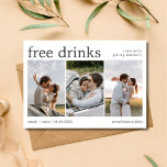 Getränke Drei Verlobungen Foto Hochzeit Save The Date<br><div class="desc">Die Einführung unserer Degustationsgetränke Drei Verlobungen Foto Hochzeit Sichern Sie die Date Cards - eine wunderbare Möglichkeit für verlobte Paare, ihre bevorstehende Hochzeit für Liebende anzukündigen! Ideal für diejenigen, die eine Touch Spaß schätzen, diese Karten verkünden stolz "Free Drinks (und wir heiraten)". Mit einem einzigartigen 3-Foto-Layout bieten diese die ideale...</div>