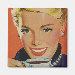 Getränke im Vintage-Stil, glückliche Frau mit Kaff Magnet