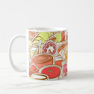 Getränke, Meeresfrüchte, Snacks, nahtlose Muster Kaffeetasse