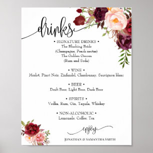 Getränke-Menü-Schild Hochzeit Marsala floral boho  Poster