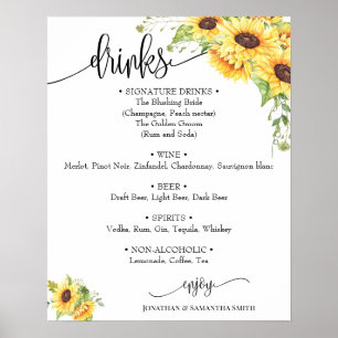 Getränke-Menü-Schild Hochzeit Sonnenblume floral B Poster