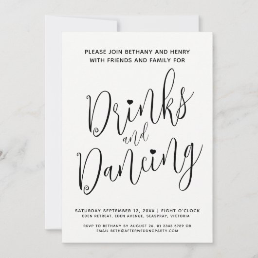 Getränke und Tanz nach der Hochzeit einfache Mono- Einladung (Vorderseite)