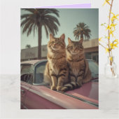Getränkter Kater & rosa Oldtimer GEBURTSTAGSGRuß Karte (Gelbe Blume)