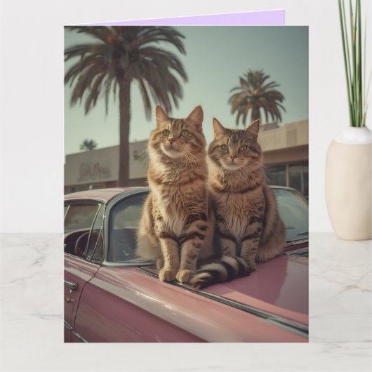 Getränkter Kater & rosa Oldtimer GEBURTSTAGSGRuß Karte (Vorderseite)