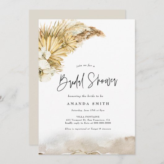 Getrocknete Blätter Pampas Grass Boho Beige Brautp Einladung (Vorne/Hinten)