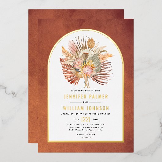 Getrocknete Blume Pampas Gras Terracotta Hochzeitg Folieneinladung (Vorderseite/Rückseite)