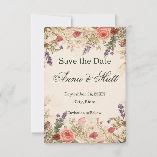 Getrocknete Blume Vintage Spitzenkarte Save the Da Date (Vorderseite)