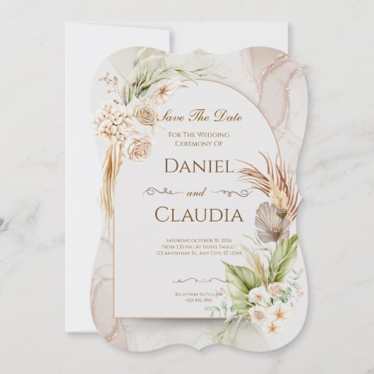 Getrocknete Blumenbogen-Hochzeitseinladung mit Gra Einladung (Vorderseite)
