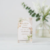 Getrocknete Blumenbogen-Hochzeitseinladung mit Gra Platzkarte (Stehend Vorderseite)