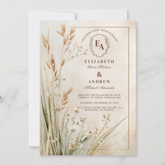 Getrocknete, neutrale Rustikale Hochzeit Einladung (Vorderseite)