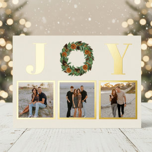 Getrocknete Orange Joy Pine Wreath Drei Foto Gold Folien Feiertagskarte