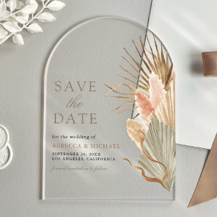 Getrocknete Palme Pampas Taupe Hochzeit Save the D Acryleinladungen