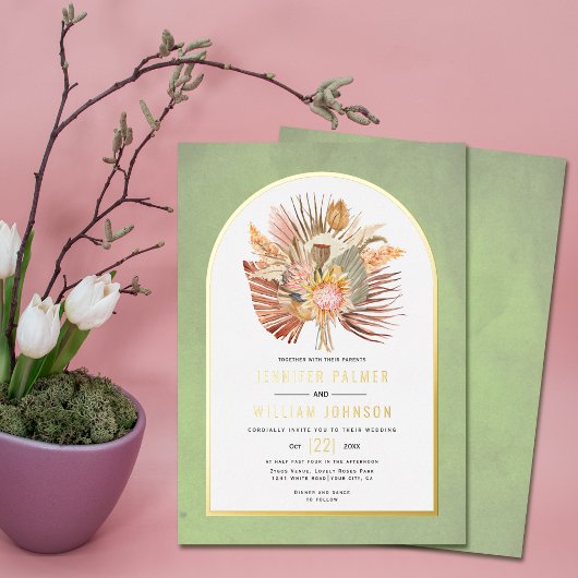 getrocknete Palmen, Pampas-Gras-Salbei-Hochzeitgol Folieneinladung