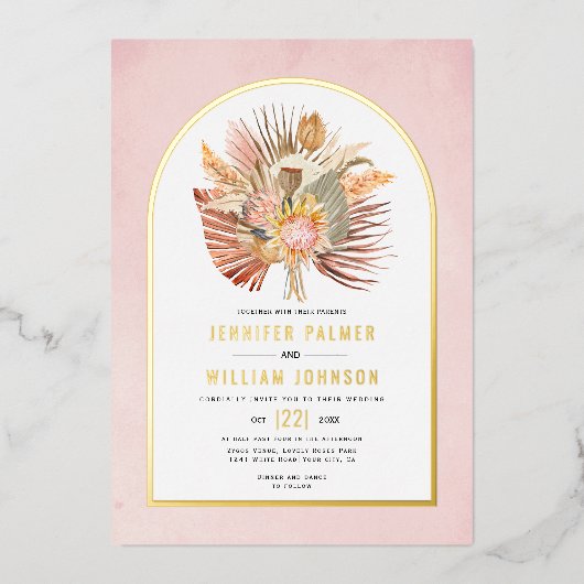 Getrocknete Palmen, Pampas Gras weich rosa Hochzei Folieneinladung (Vorderseite)