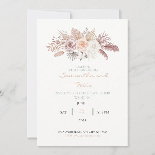 Getrocknete Rose und Blätter zum Hochzeitsempfang Einladung (Vorderseite)